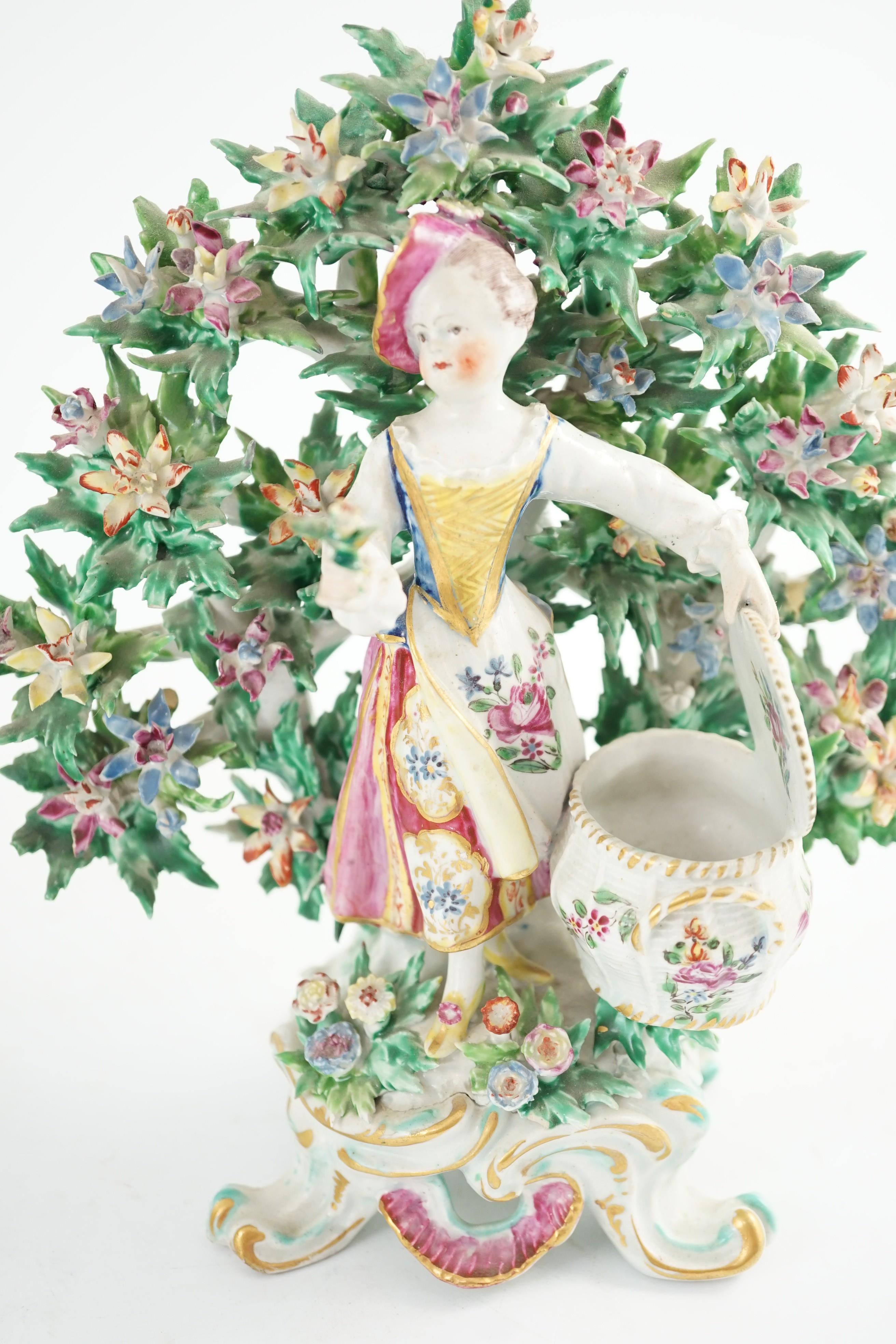 A good pair of Bow porcelain bocage figures, c.1770, 22cm high